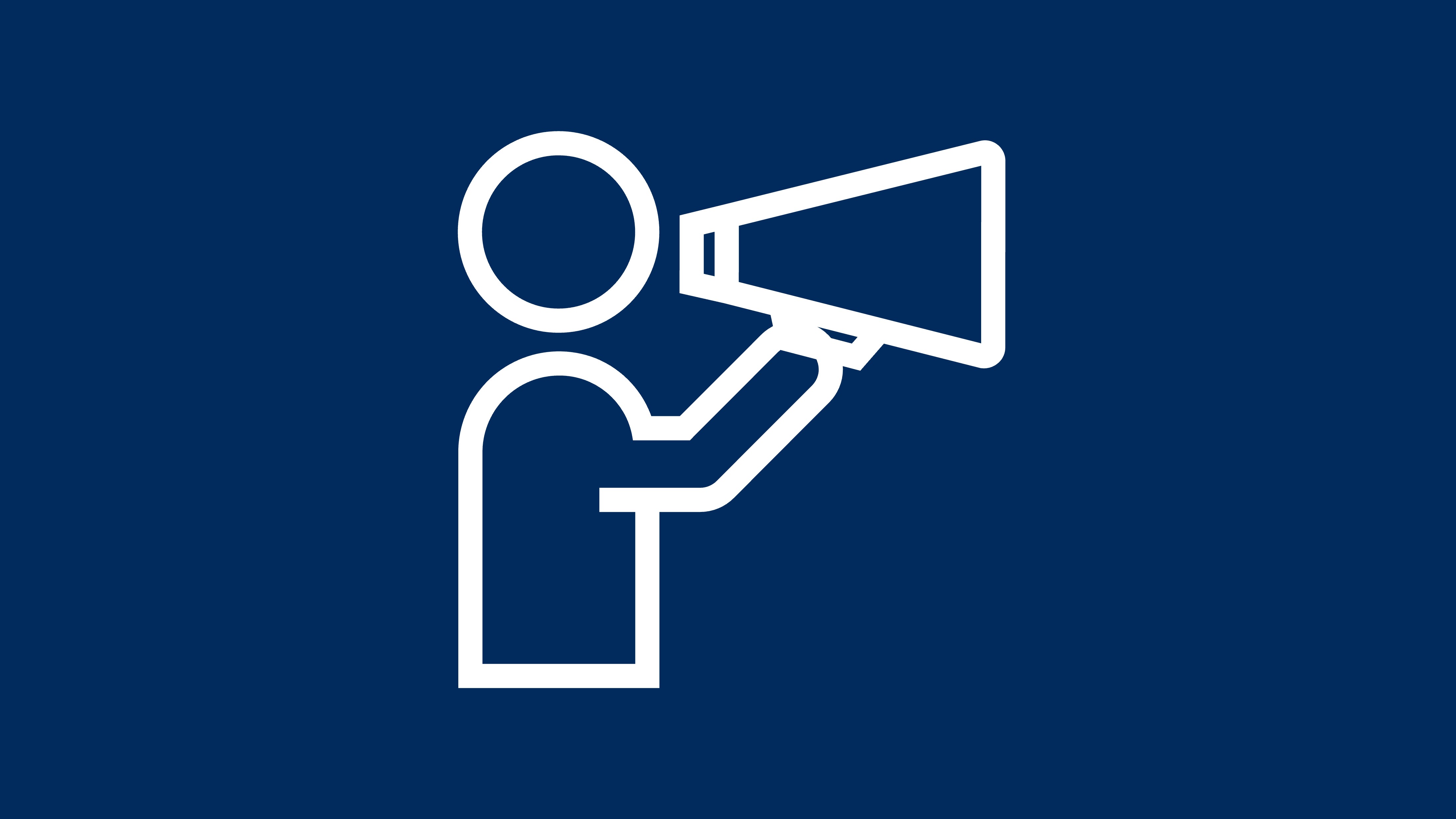 White icon of person holding megaphone on navy background